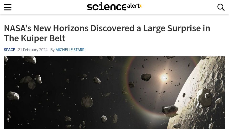 Screenshot of sciencealert.com: NASA's New Horizons Discovered a Large Surprise in the Kuiper Belt