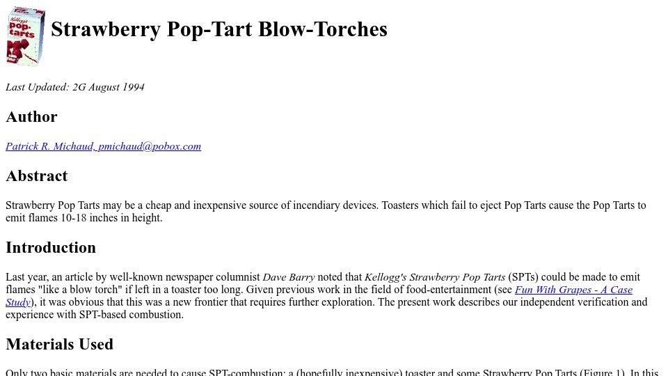 Screenshot of pmichaud.com: Strawberry Pop-Tart Blow-Torches (1994)
