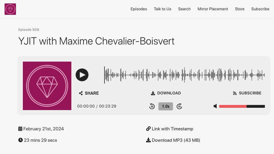 Screenshot of therubyonrailspodcast.com: The Ruby on Rails Podcast Episode 508: YJIT with Maxime Chevalier-Boisvert