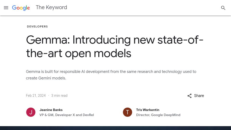 Screenshot of blog.google: Gemma: New Open Models