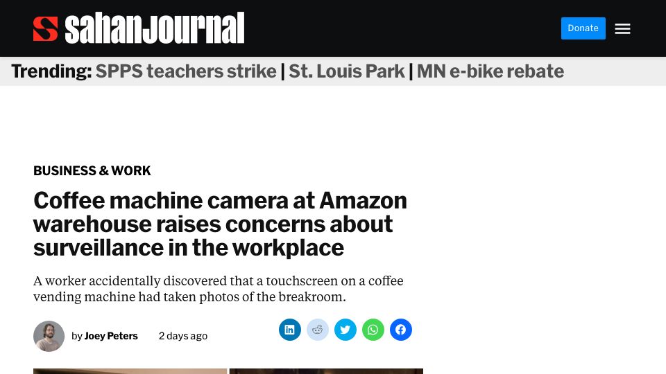 Screenshot of sahanjournal.com: Coffee machine camera at Amazon warehouse raises concerns about surveillance