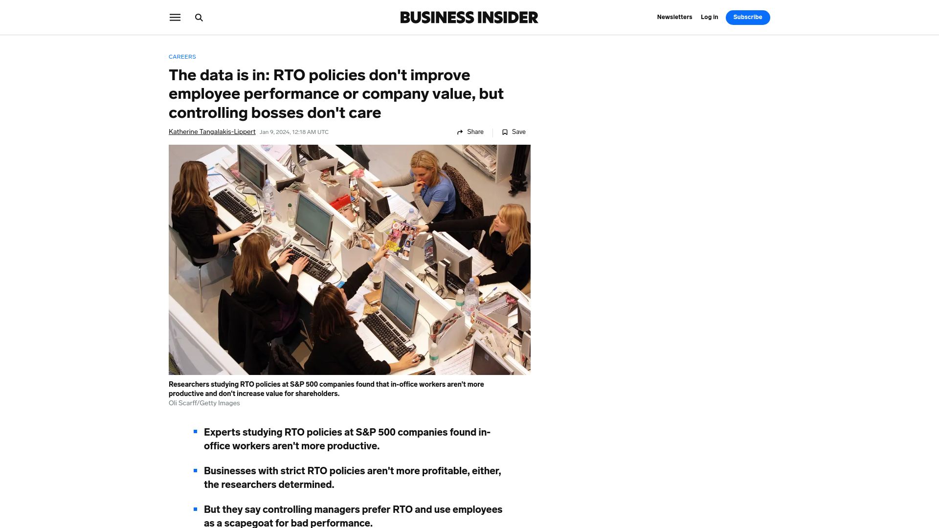 Screenshot of businessinsider.com: The data is in: RTO policies don't improve employee performance or company value