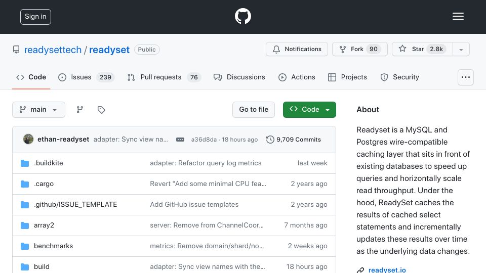 Screenshot of github.com: Readyset: A MySQL and Postgres wire-compatible caching layer