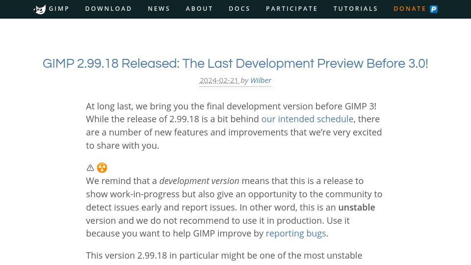 Screenshot of gimp.org: GIMP 2.99.18: The last development preview before 3.0