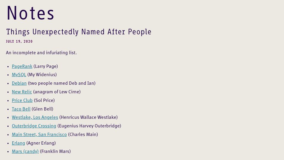 Screenshot of notes.rolandcrosby.com: Things unexpectedly named after people (2020)