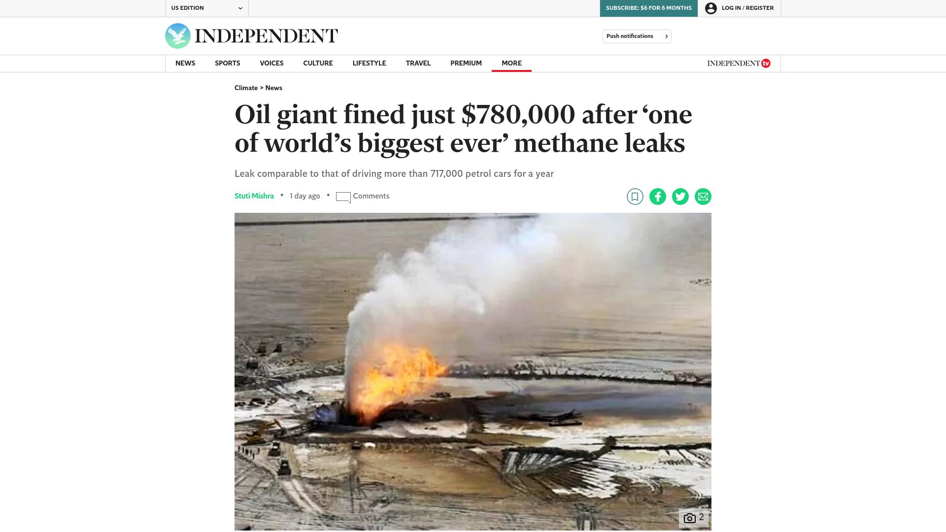 Screenshot of independent.co.uk: Oil giant fined just $780k after 'one of biggest ever' methane leaks