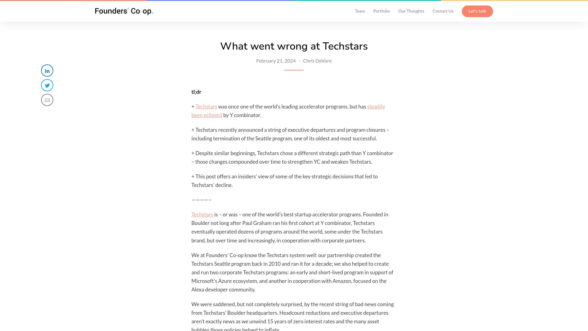 Screenshot of founderscoop.com: What went wrong at Techstars