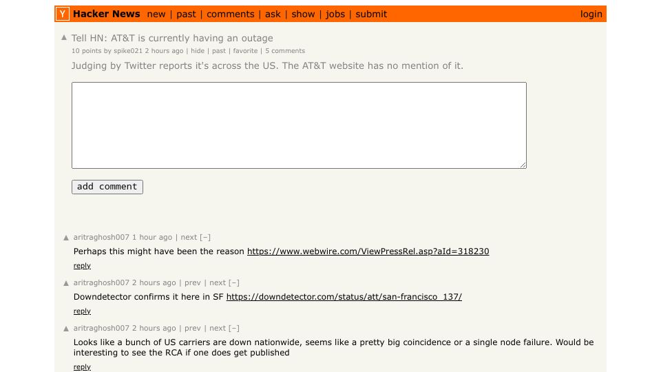 Screenshot of Hacker News post: Tell HN: AT&T is currently having an outage