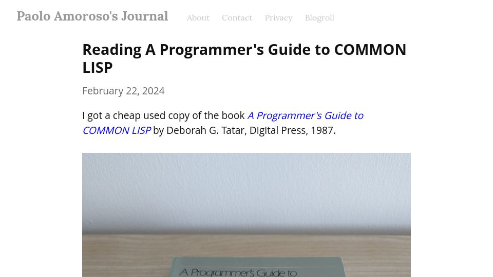 Screenshot of journal.paoloamoroso.com: Reading "A Programmer's Guide to Common Lisp"