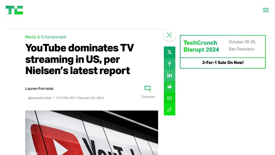 Screenshot of techcrunch.com: YouTube dominates TV streaming in US, per Nielsen's latest report
