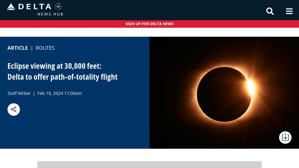 Screenshot of news.delta.com: Eclipse viewing at 30k feet: Delta to offer path-of-totality flight