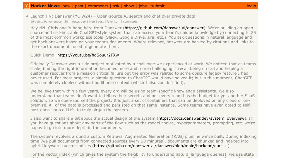 Screenshot of Hacker News post: Launch HN: Danswer (YC W24) – Open-source AI search and chat over private data