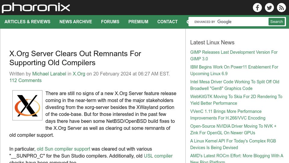 Screenshot of phoronix.com: X.org Server Clears Out Remnants for Supporting Old Compilers