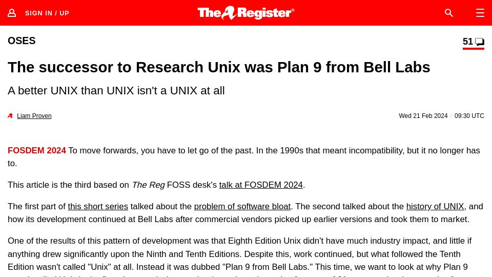 Screenshot of theregister.com: The Successor to Research Unix Was Plan 9 from Bell Labs