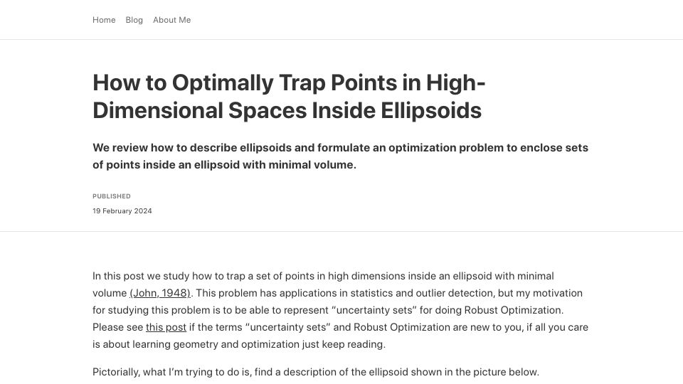 Screenshot of adrianriv.com: How to optimally trap points in high-dimensional spaces inside ellipsoids