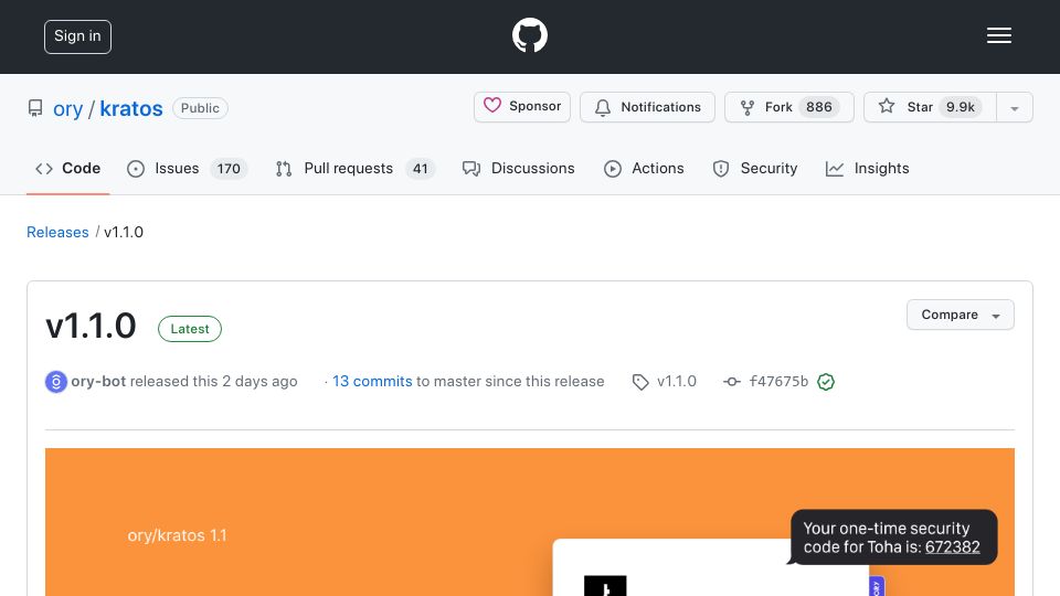 Screenshot of github.com: Auth0 OSS alternative Ory Kratos now with passwordless and SMS support