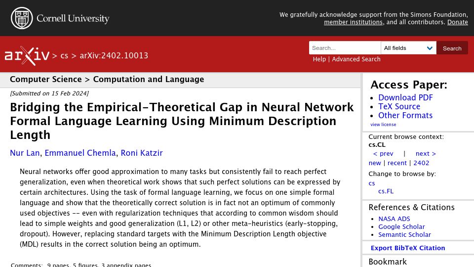 Screenshot of arxiv.org: Bridging empirical-theoretical gap in neural network formal language learning