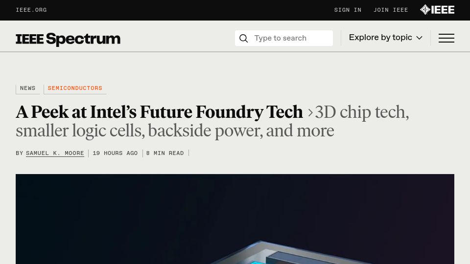 Screenshot of spectrum.ieee.org: A peek at Intel's future foundry tech
