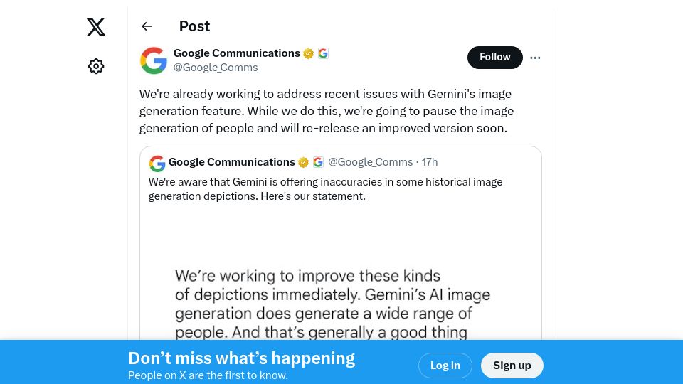 Screenshot of twitter.com: Google to Pause Gemini Image Generation of People After Issues