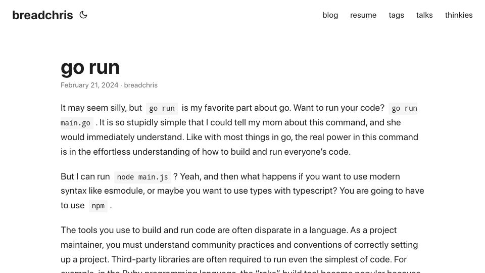 Screenshot of breadchris.com: Go run