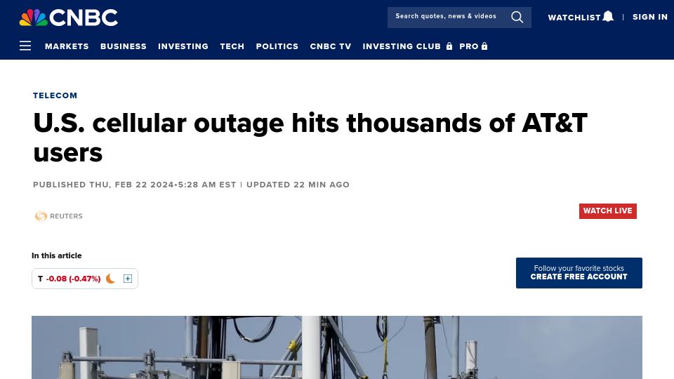 Screenshot of cnbc.com: Cellular outage in U.S. hits AT&T, T-Mobile and Verizon users