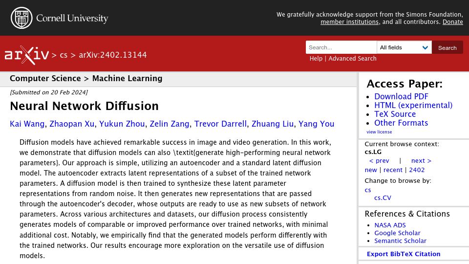 Screenshot of arxiv.org: Neural Network Diffusion