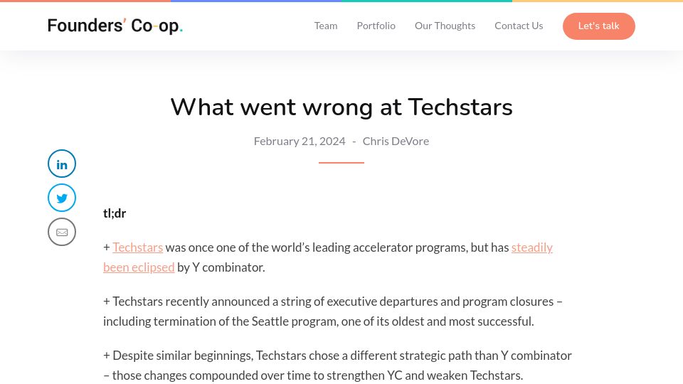 Screenshot of founderscoop.com: What went wrong at Techstars