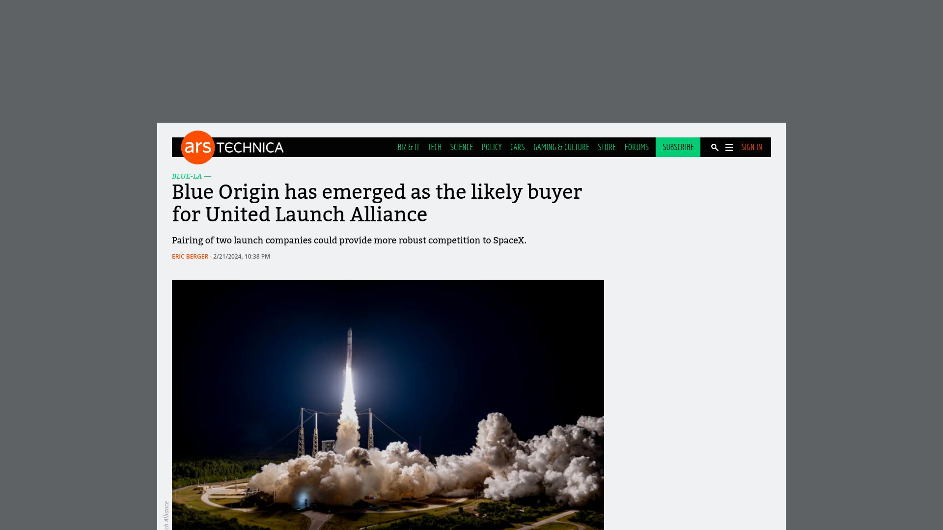 Screenshot of arstechnica.com: Blue Origin has emerged as the likely buyer for United Launch Alliance