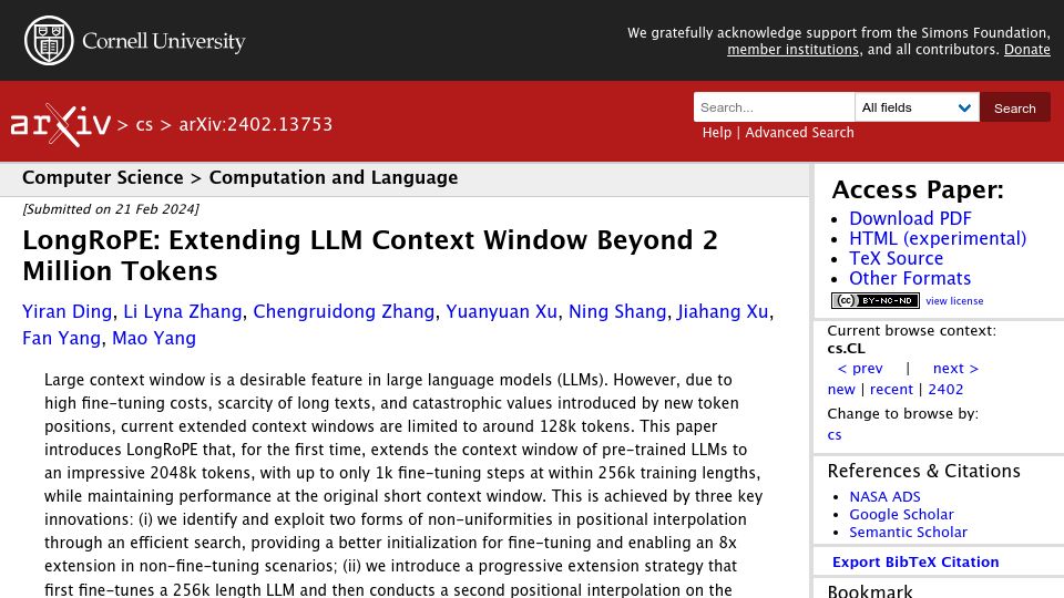 Screenshot of arxiv.org: LongRoPE: Extending LLM Context Window Beyond 2M Tokens