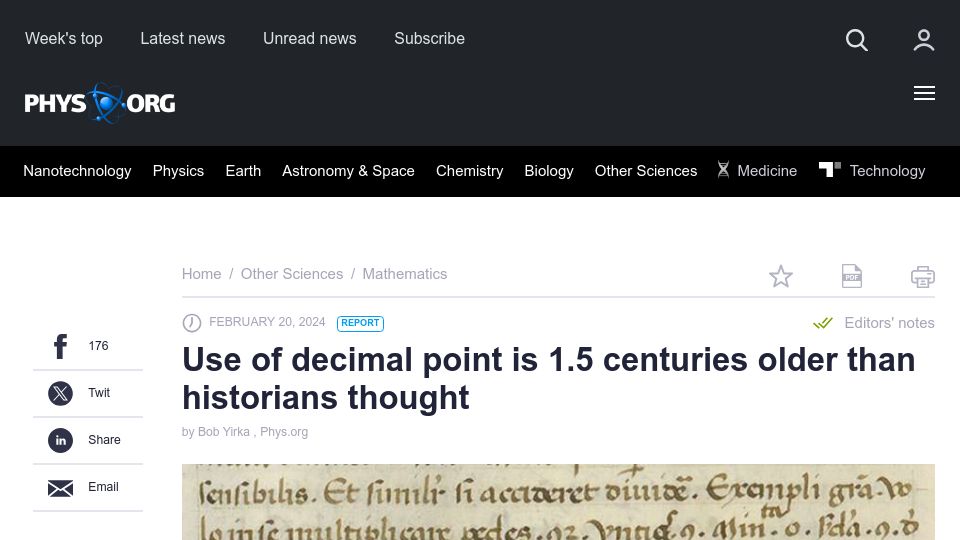 Screenshot of phys.org: Use of decimal point is 1.5 centuries older than historians thought