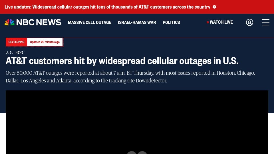 Screenshot of nbcnews.com: AT&T customers hit by widespread cellular outages in U.S.