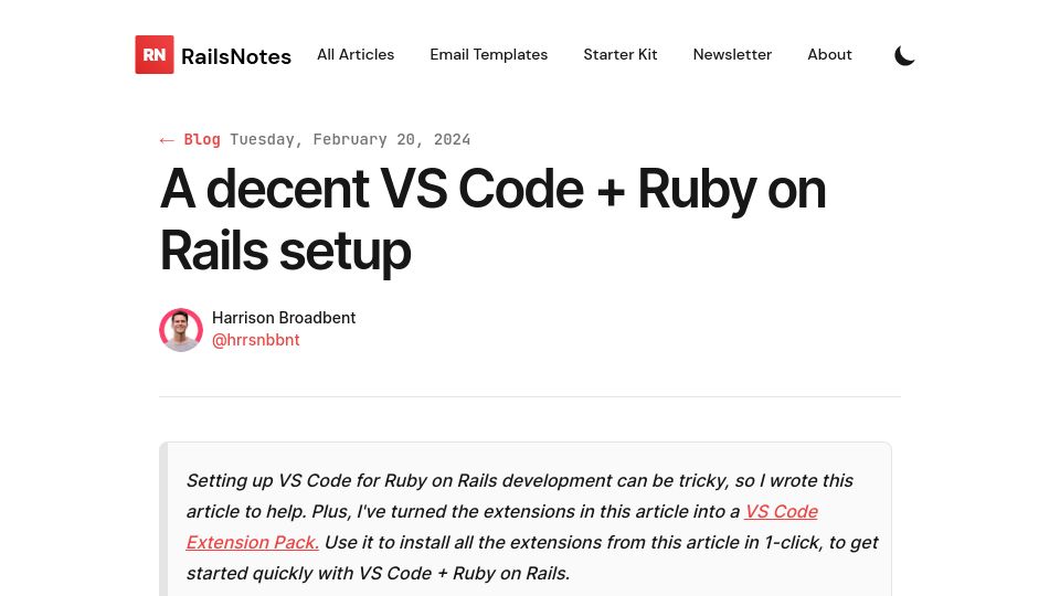 Screenshot of railsnotes.xyz: A decent VS Code and Ruby on Rails setup