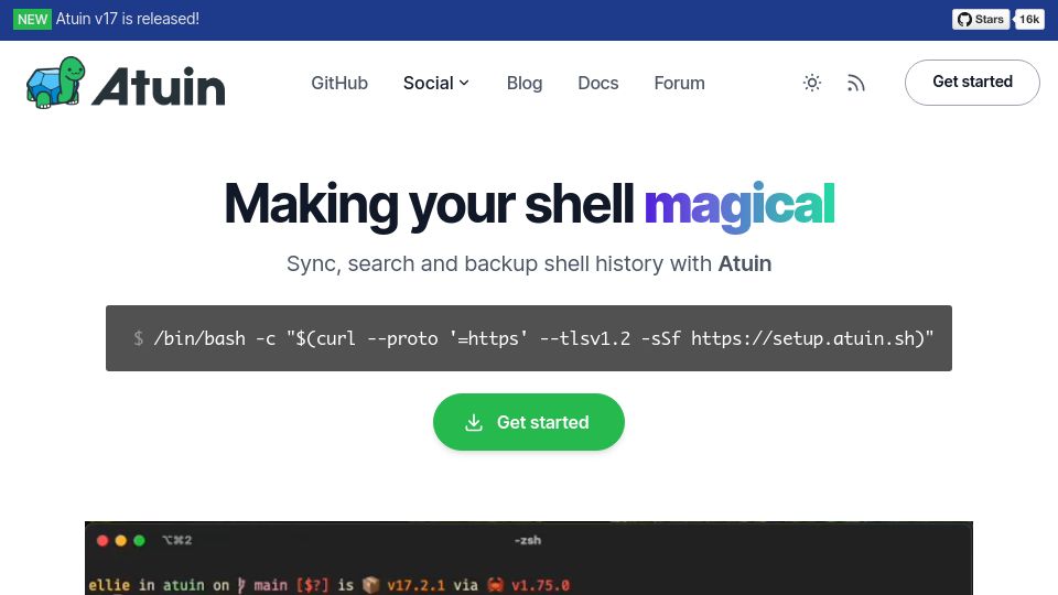 Screenshot of atuin.sh: Atuin – Magical shell history