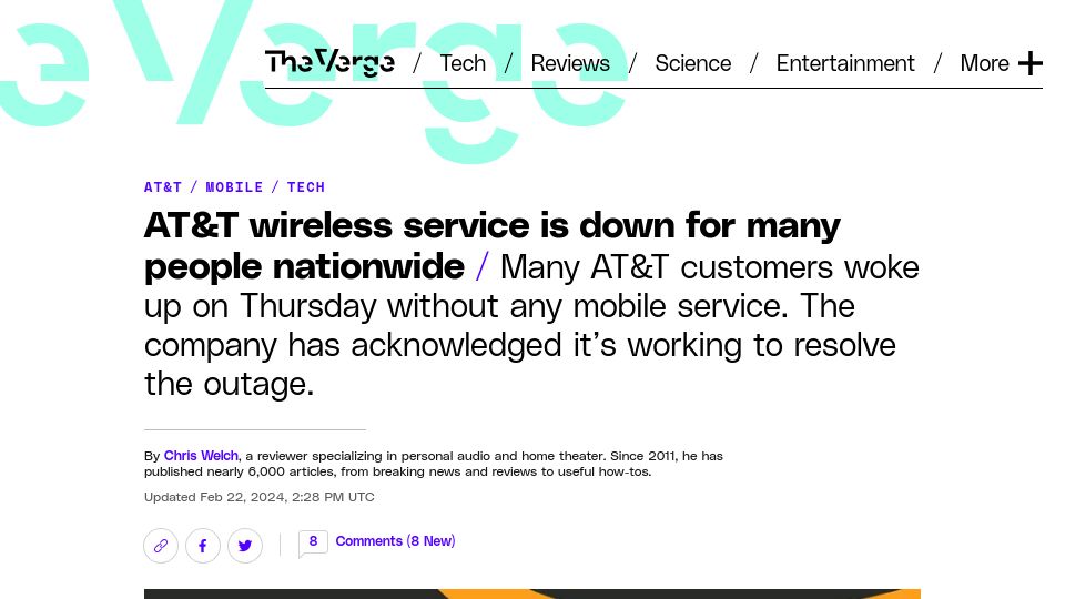 Screenshot of theverge.com: AT&T customers report nationwide service disruptions