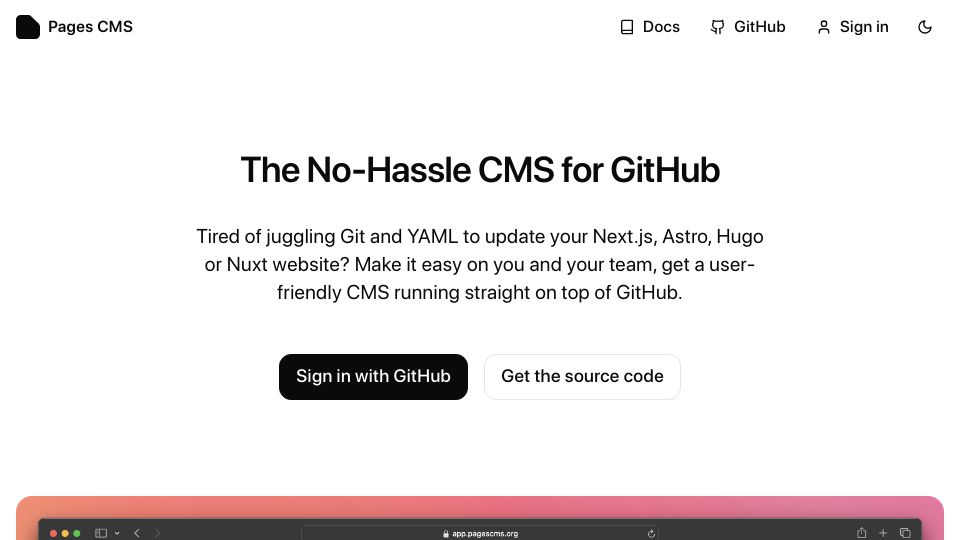 Screenshot of pagescms.org: Show HN: Pages CMS – A CMS for GitHub