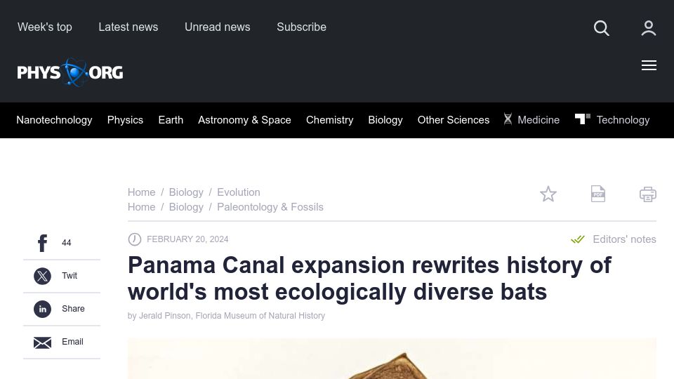 Screenshot of phys.org: Panama Canal expansion rewrites history of worlds most ecologically diverse bats