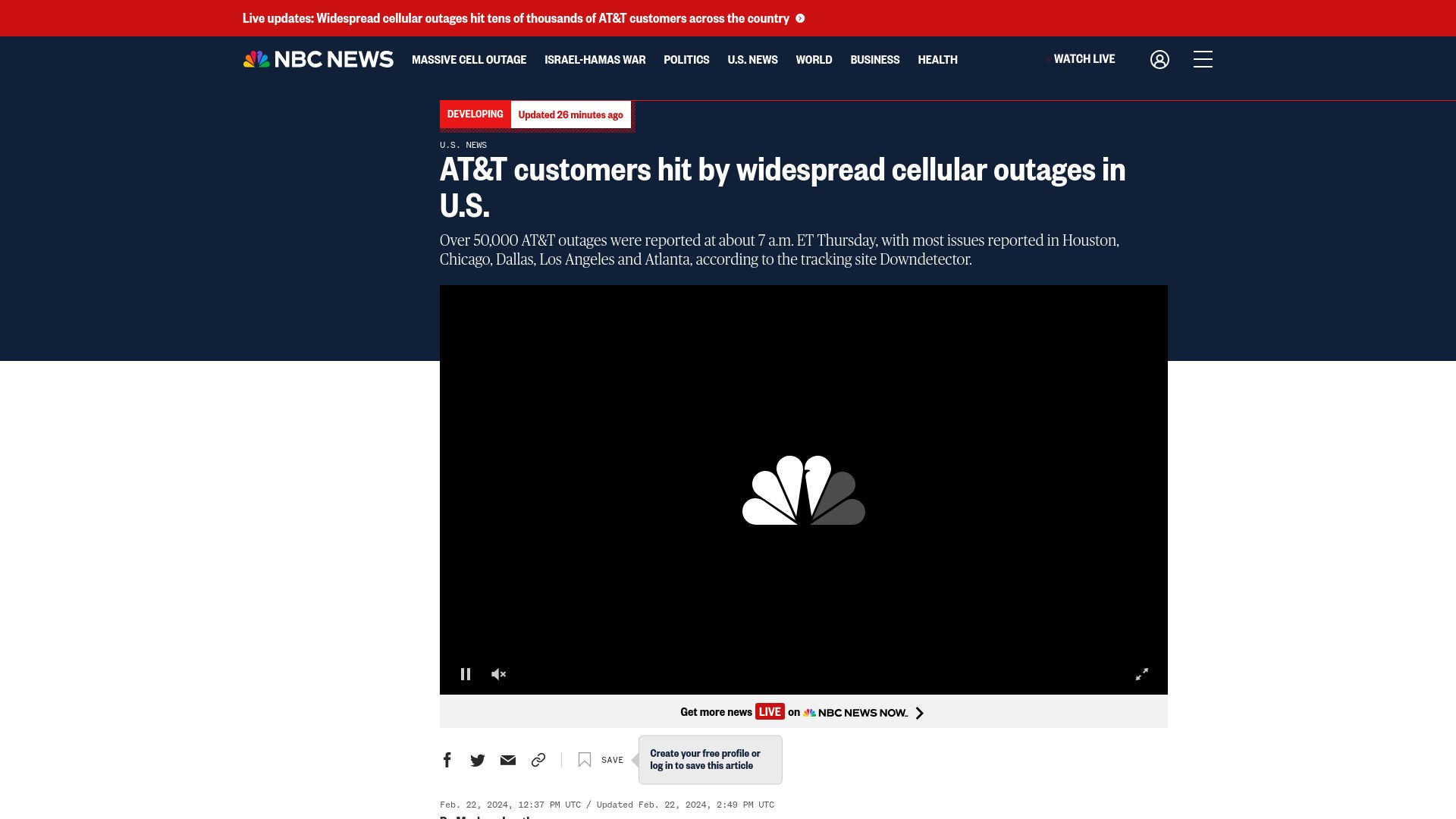 Screenshot of nbcnews.com: AT&T customers hit by widespread cellular outages in U.S.