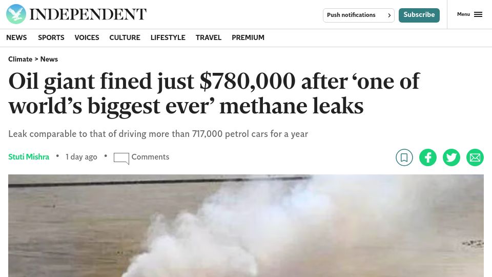 Screenshot of independent.co.uk: Oil giant fined just $780k after 'one of biggest ever' methane leaks