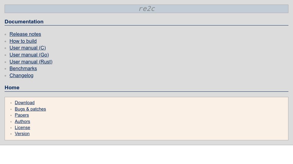 Screenshot of re2c.org: Re2c