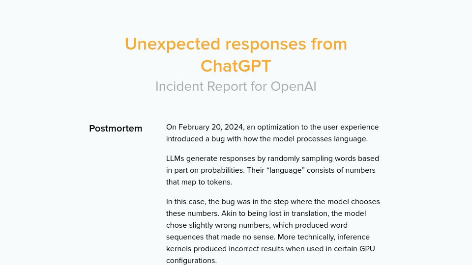 Screenshot of status.openai.com: Unexpected responses from ChatGPT: Incident Report
