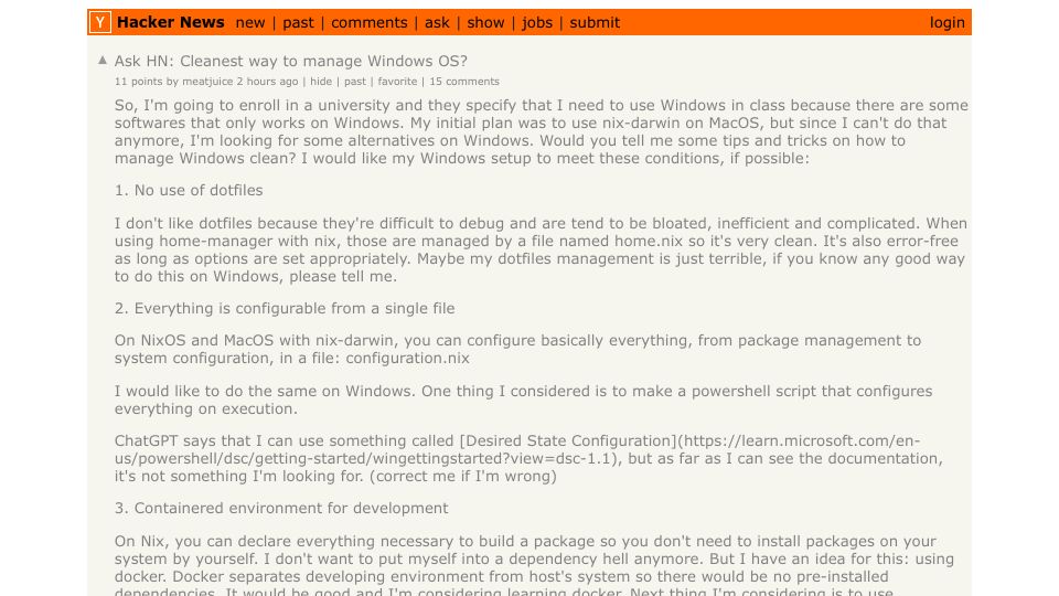 Screenshot of Hacker News post: Ask HN: Cleanest way to manage Windows OS?