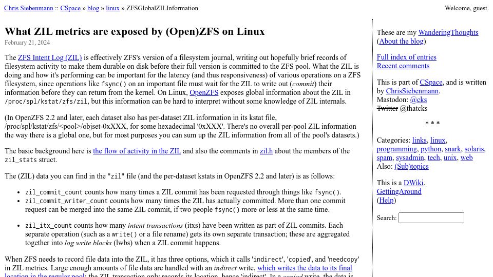 Screenshot of utcc.utoronto.ca: What ZIL metrics are exposed by (Open)ZFS on Linux