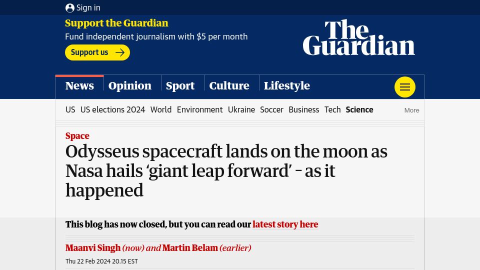 Screenshot of theguardian.com: Intuitive Machines successfully lands on the Moon