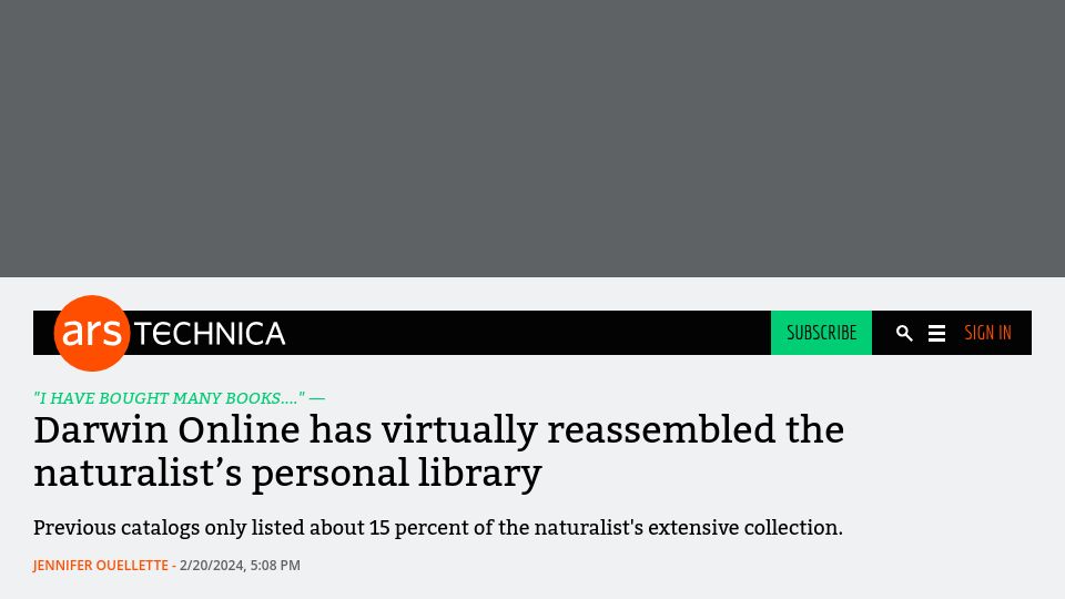 Screenshot of arstechnica.com: Darwin Online has virtually reassembled the naturalist's personal library