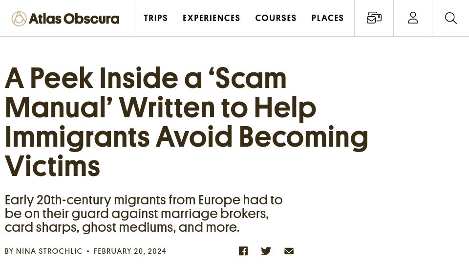 Screenshot of atlasobscura.com: A 'scam manual' written to help immigrants not become victims
