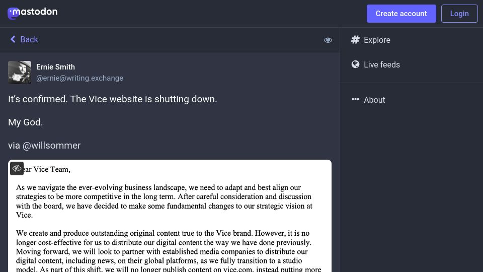 Screenshot of writing.exchange: Vice website is shutting down