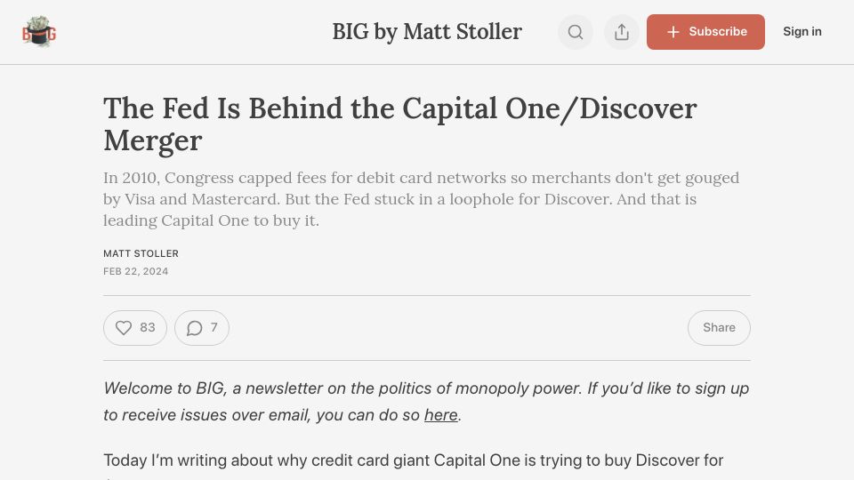 Screenshot of thebignewsletter.com: The Fed is behind the Capital One/Discover merger