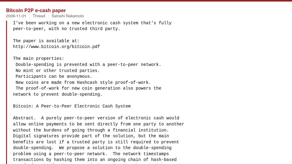 Screenshot of mail-archive.com: Forum reactions to Satoshi's Bitcoin paper