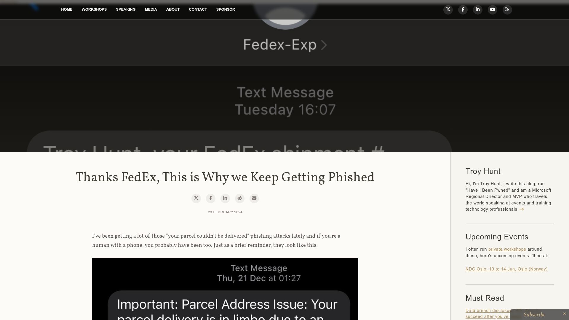 Screenshot of troyhunt.com: Thanks FedEx, this is why we keep getting phished