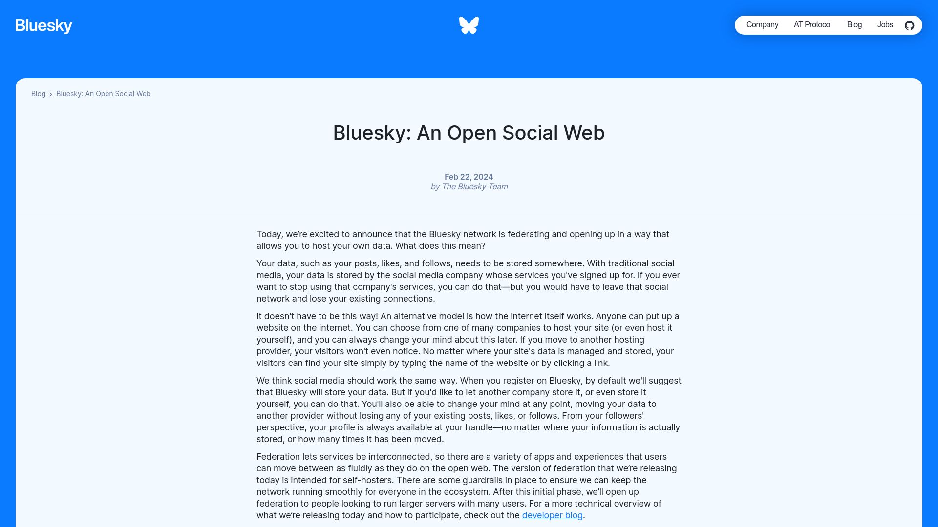 Screenshot of bsky.social: Bluesky announces data federation for self hosters